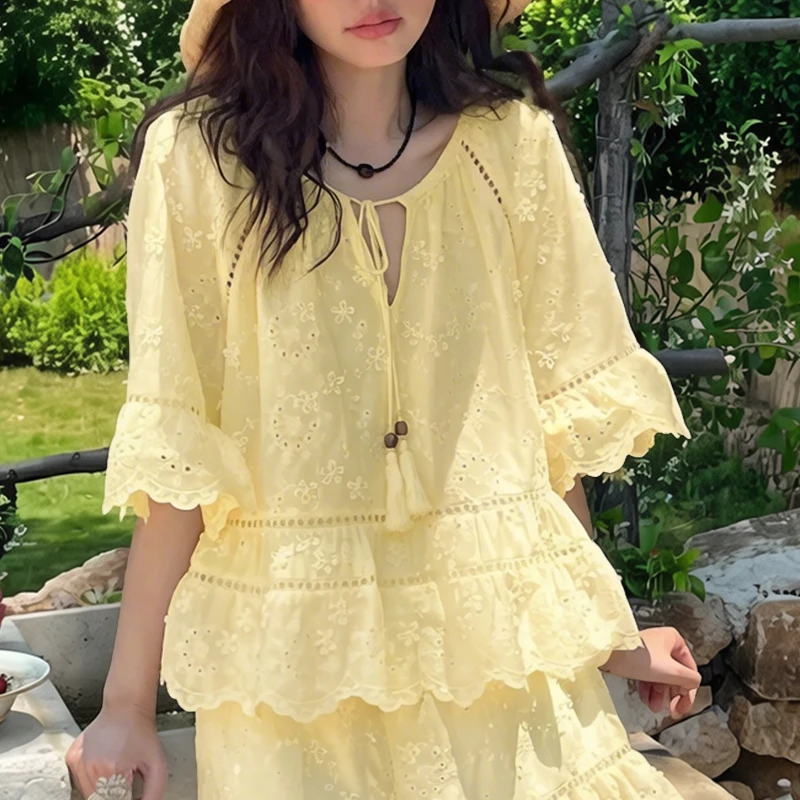 ZANZEA Vacation Holiday Tunics Fashion Lace Tunic Women Blouse Solid Color Tops 3/4 Sleeve Blusas Casual Loose Tops 3