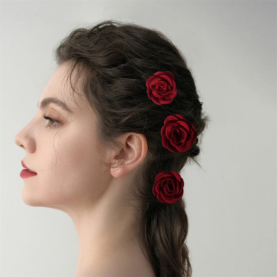 Red Flower Tiara Wedding Crown Rose Hair Pins and Clips Floral Bride Hair Accessories Jewelry Headpiece Women Bridesmaid Gift