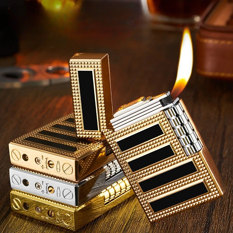 Three-Dimensional Relief Open Flame Metal Lighter Grinding Wheel Inflatable Pipe Oblique Fire Diamond Lighter Men Business Gift