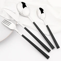 6/24pcs Black Silver Dinnerware Set Stainless Steel Wooden Handle Cutlery Set Forks Spoon Knife Tableware Kitchen Flatware Set