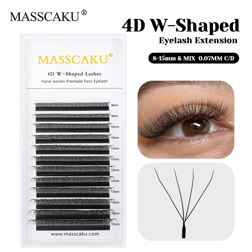 MASSCAKU Custom Private Label Lightweight W Style Eyelashes Hand Woven 3D 4D 5D 6D W Shape Premade Volume Fans Lashes Trays