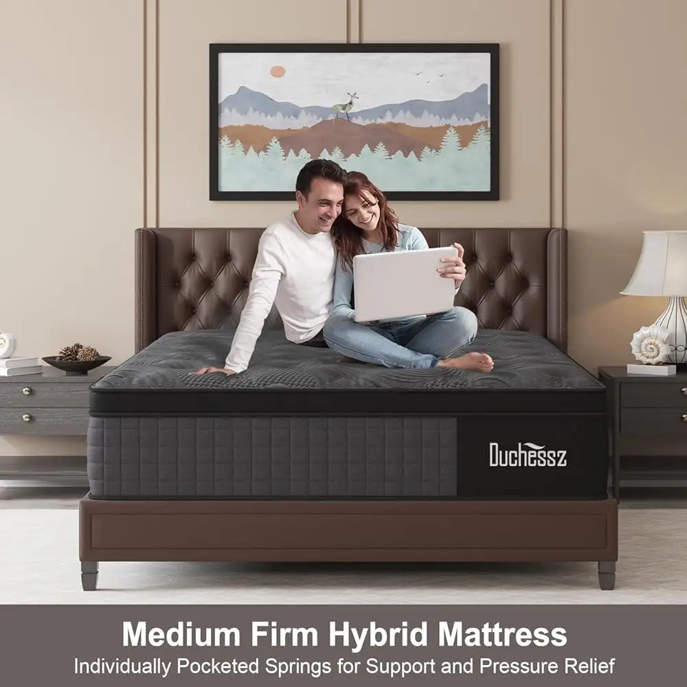 Hybrid Queen Mattress 14 Inch Gel Memory Foam Individually Pocket Springs Euro Top Medium Firm Pressure Relief Low Motion