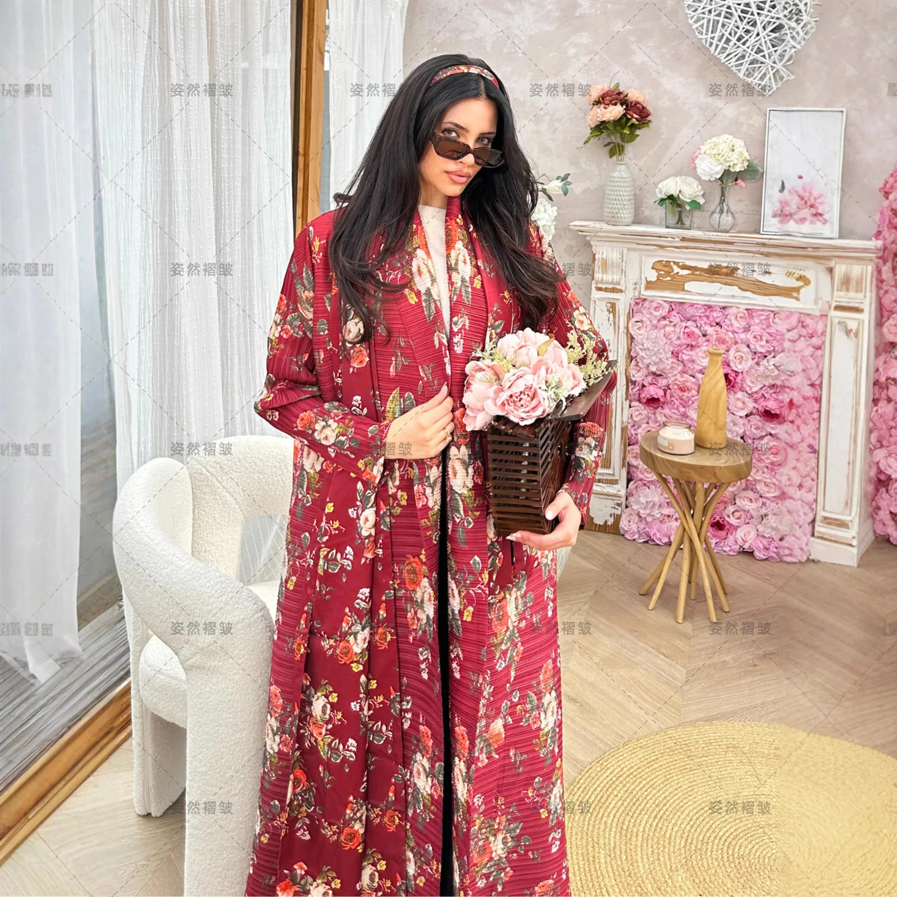 

2025 Autumn New Fashion Loose Dress Big Robe Women's Clothing Miyake Pleated Long-sleeved Lapel Printed Jacket