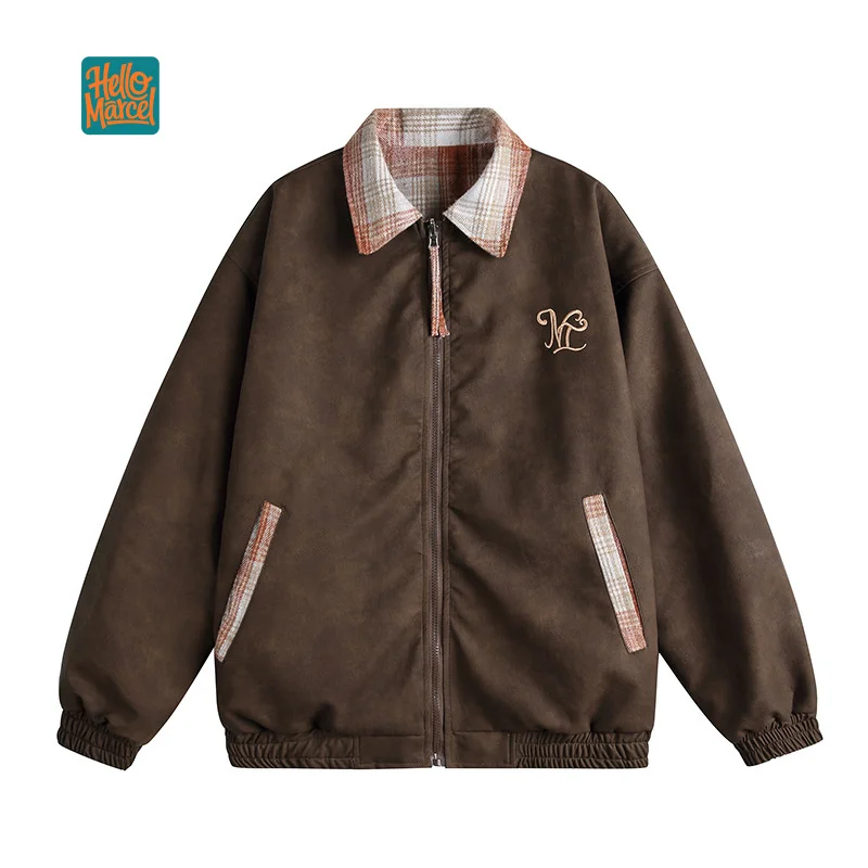 HELLOMARCEL EU US Size Luxury Quality High Street Jacket Plaid Turn-Down Collar Oversize Back To School Sude Reversible Jacket