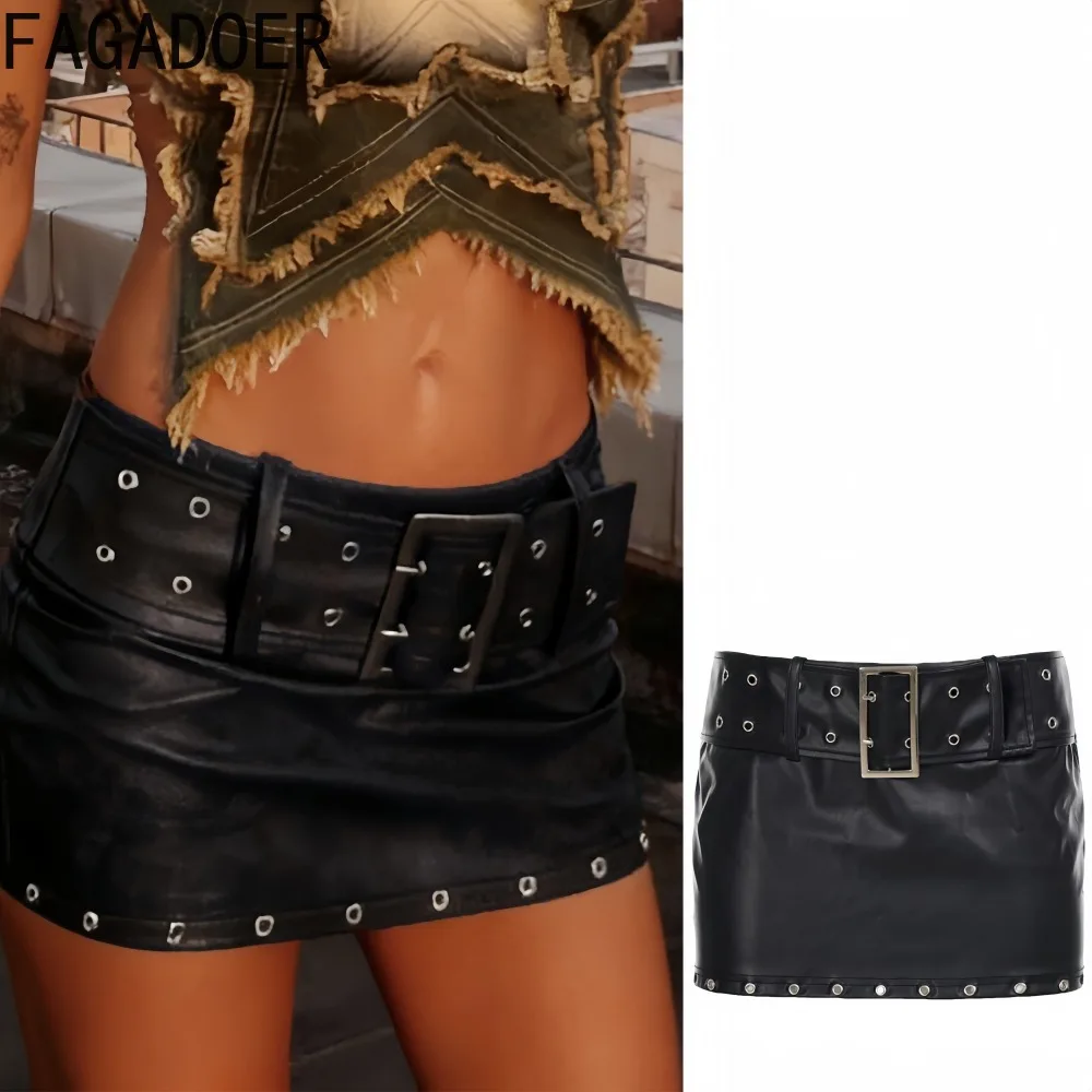 

FAGADOER Punk Gothic Fashion Leather Patchwork Bodycon Skirt Woman Chicken Eye Belt Low-rise Skirt Female Streetwear Bottoms New