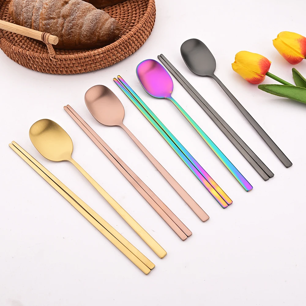 Stainless Steel Matte Cutlery Set Sushi Sticks Dinner Spoons Set 6Pcs Dinnerware Korean Chopsticks Dessert Spoon Flatware Set