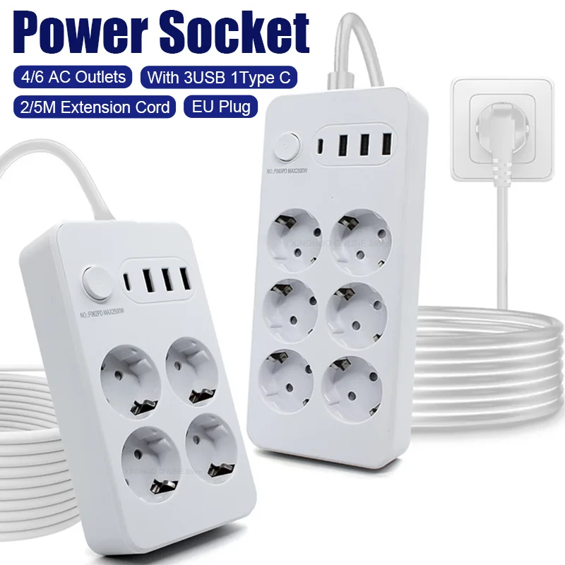 Prise de courant EU avec cordon d'extension 2/5M, prises AC, port de charge USB Type C, filtre réseau, adaptateur, multiprise électrique