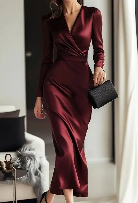 Womens Dresses 2025 Autumn Long Sleeved Dress with V-Neck and Waist Cinching, Slimming and Elegant Dress for Women