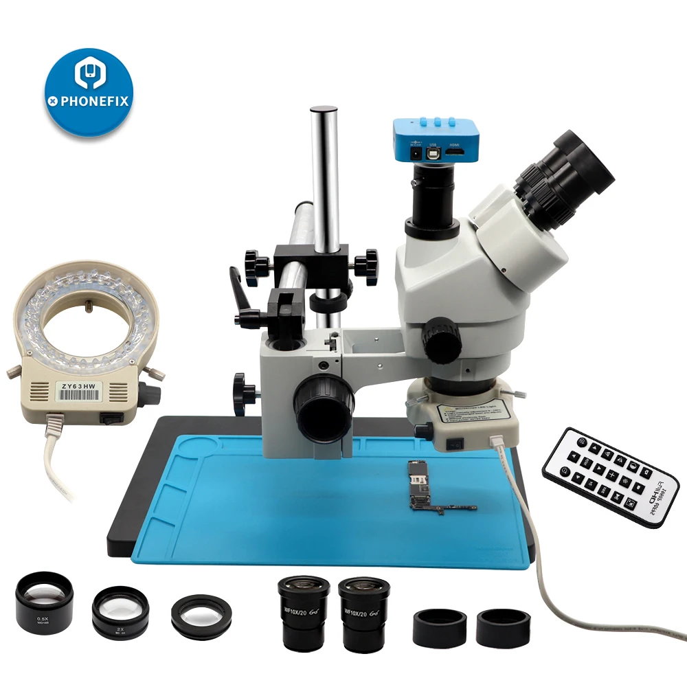 Microscope trinoculaire stéréo à Zoom Focal 3.5-90X, avec caméra HDMI VGA/14MP/16MP/21/38MP, pour téléphone, Microscope à souder PCB