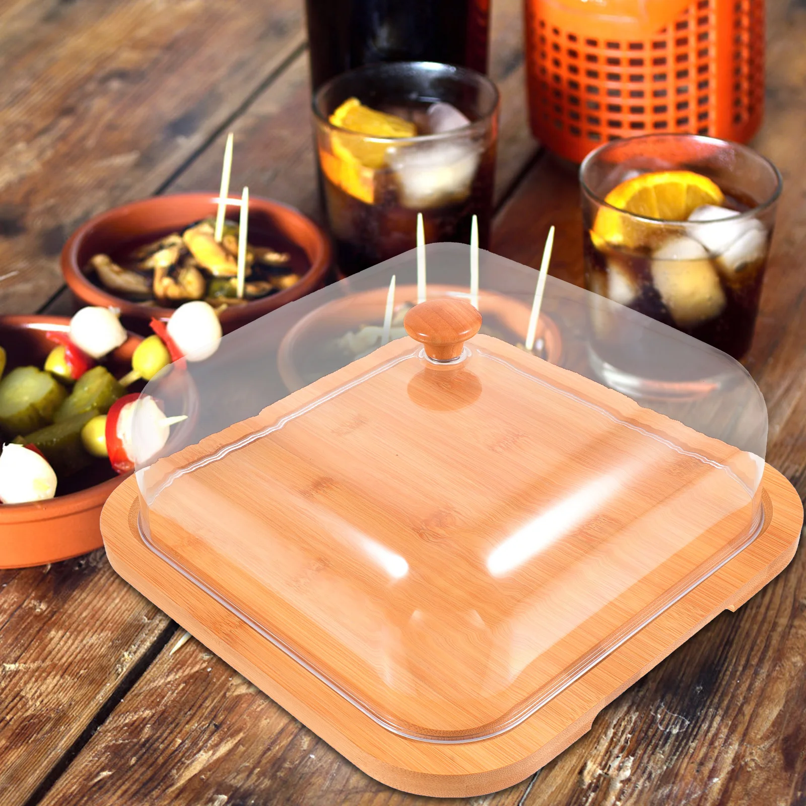 

1Set Bamboo Cake Tray with Acrylic Lid Cake Stand Covered Dessert Plate Party Serving Display Food Holder Snacks Dish