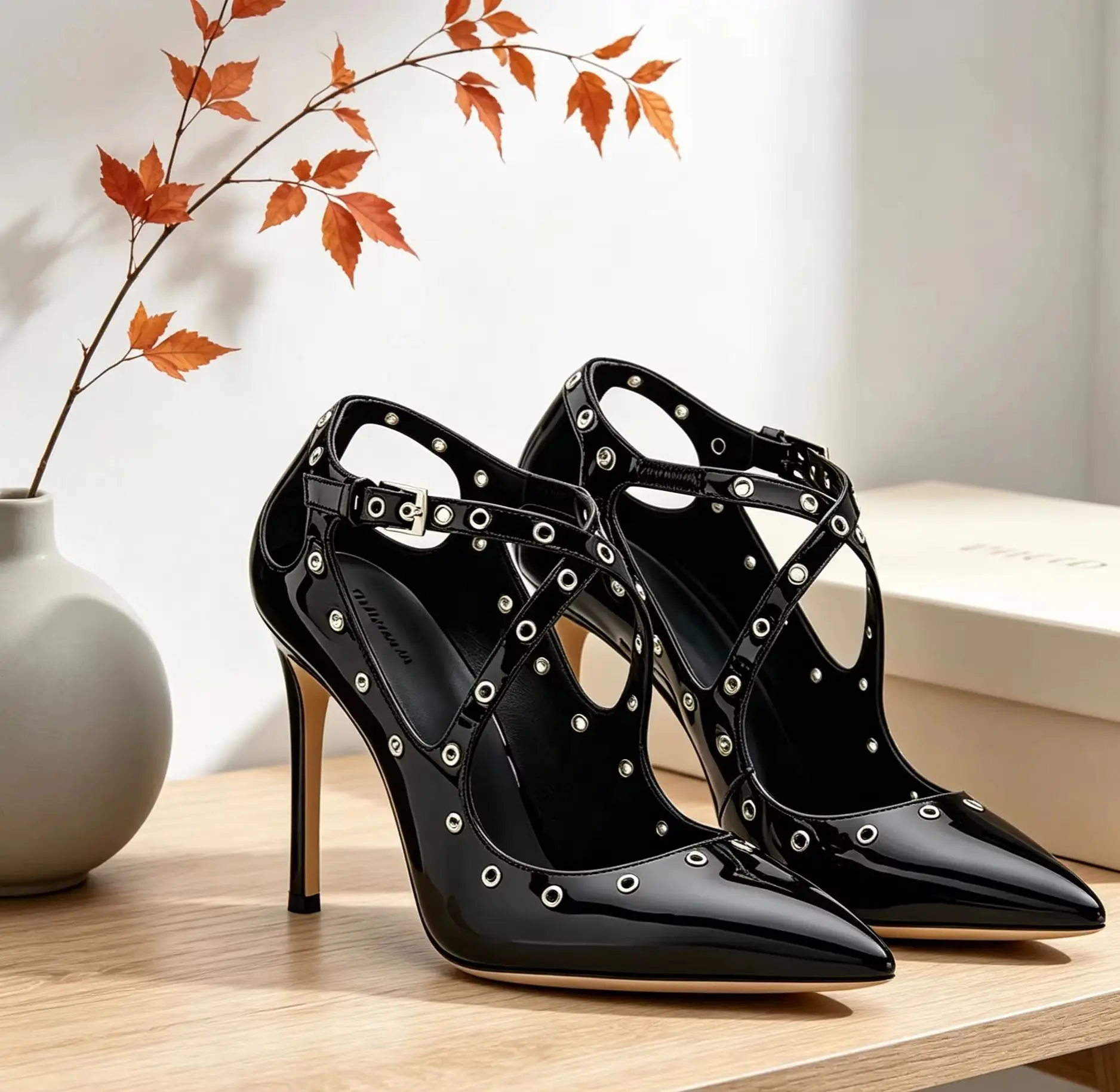 Rivet Eyelet Women Cutout T Strap Stiletto High Thin Pumps Pointed Toe Ankle Buckle Sexy Large Size Daily Fashion Shoes Sandals