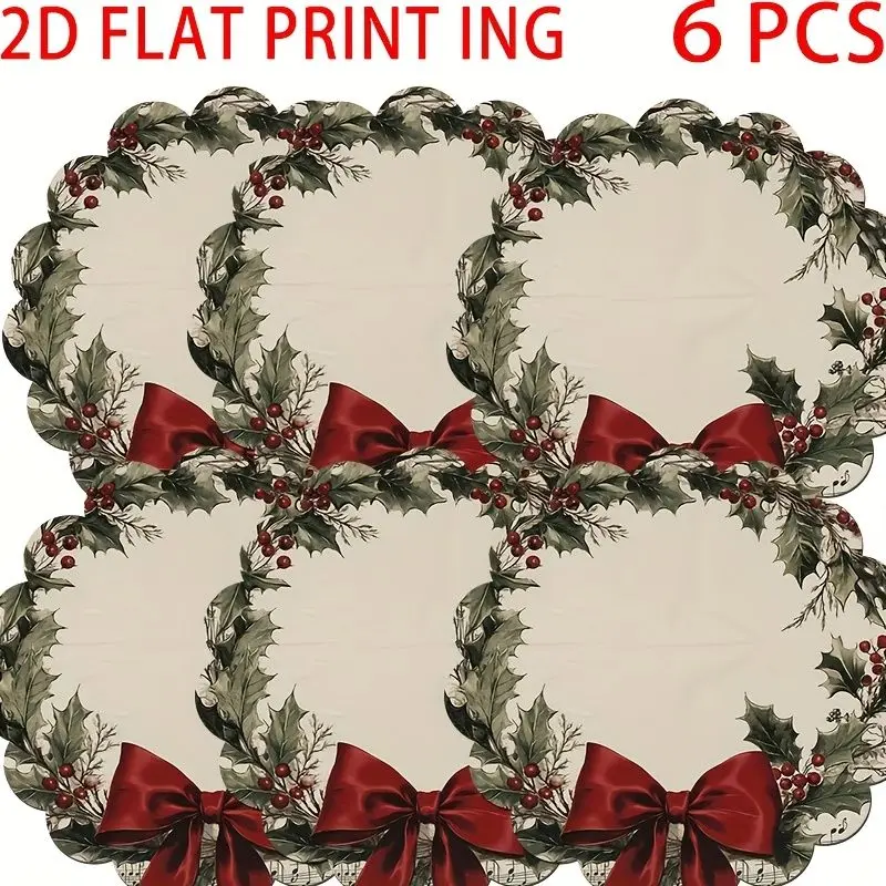 VIKAMA Wave Lace Holly Red Bow Round Table Mat Thermal Insulation Fabric Table Mat Retro Christmas Tray Mat Table Decoration