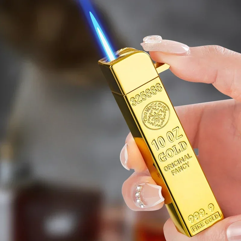 Funny Gold Bar Lighter Inflatable Butane Lighter with Transparent Gas Tank Windproof Jet Flame Torch Lighter Smoking Accessories