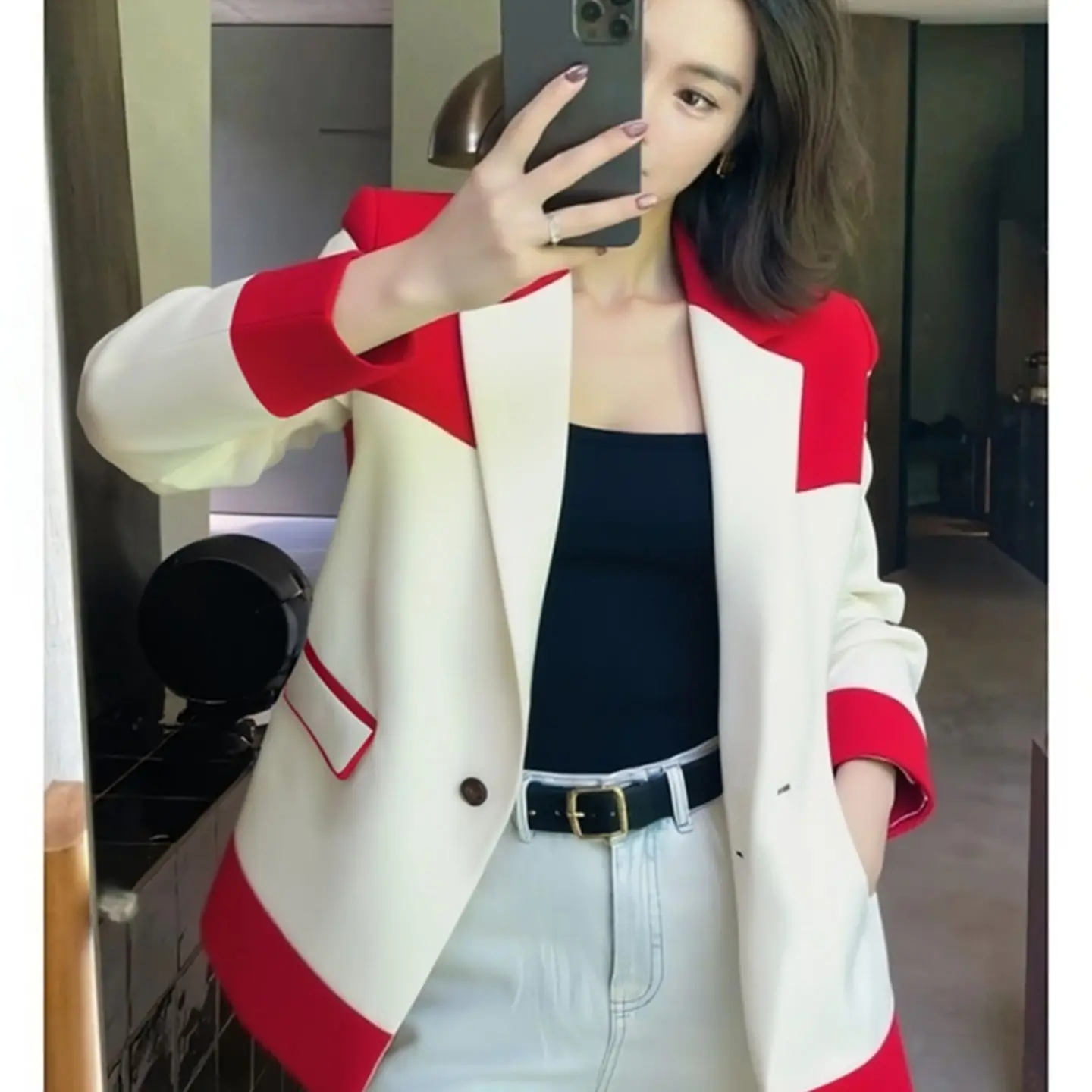 Temperament Slim Fit Blazers Suit Jackets Contrast Color Patch Double-breasted Notched Elegant Office Lady Autumn Spring Trendy
