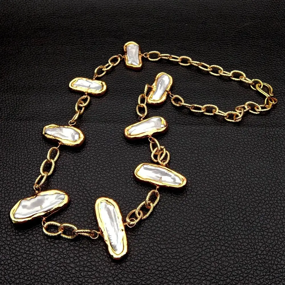 

20" Freshwater White Biwa Pearl Bezel set Pearl Chain Necklace