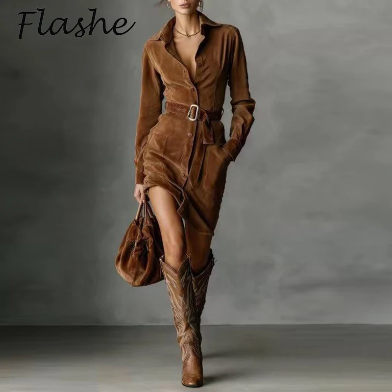 우아한 긴 소매 턴다운 칼라 버튼 파티 드레스 여성 패션 가을 겨울 솔리드 컬러 오피스 레이디 미디 드레스