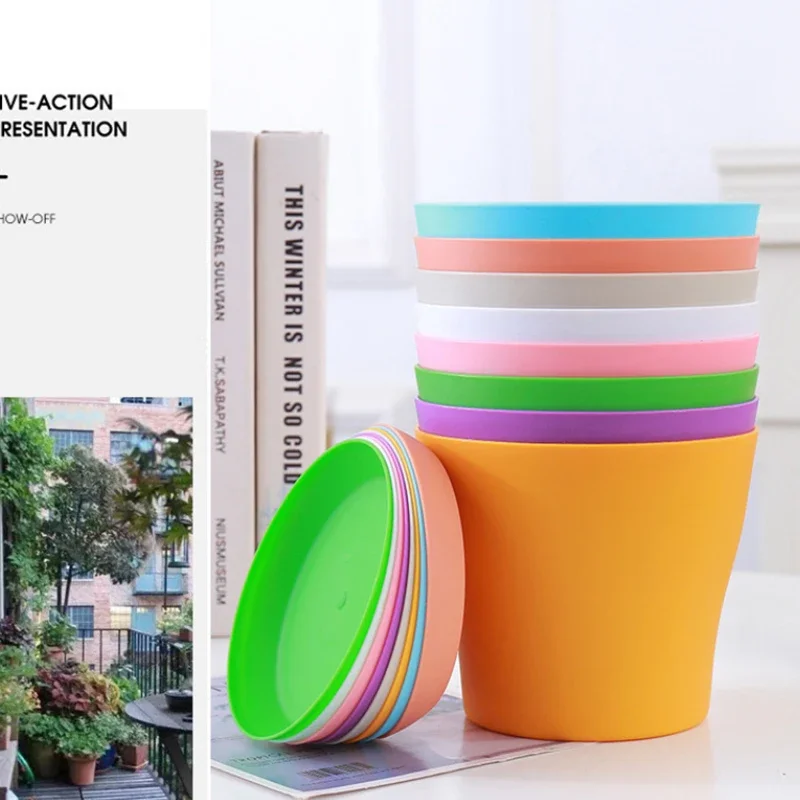 أصيص زهور بلاستيكي بلون الحلوى مع صينية ، أصيص نبات عصاري ، سطح مكتب ، شرفة ، منزل ، ديكور حديقة ، أصيص زهور ، منزل