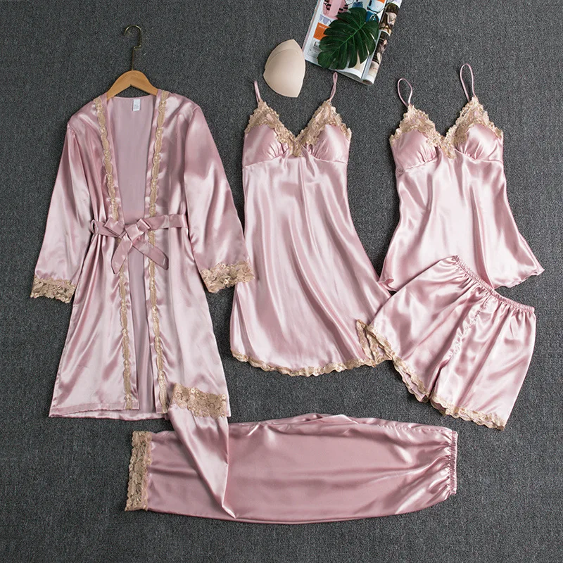 Sexy Bathrobe Kimono Gown Five Piece Set Solid Lace Edge Pajamas Female Satin Loose Loungewear Cami&Shorts Lingeries Sleepwear