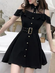 Korean OL New Single Breasted Women Summer Dress 2022 Sweet Chic Black office work Short mini Dresses With Belt Vestidos jurken