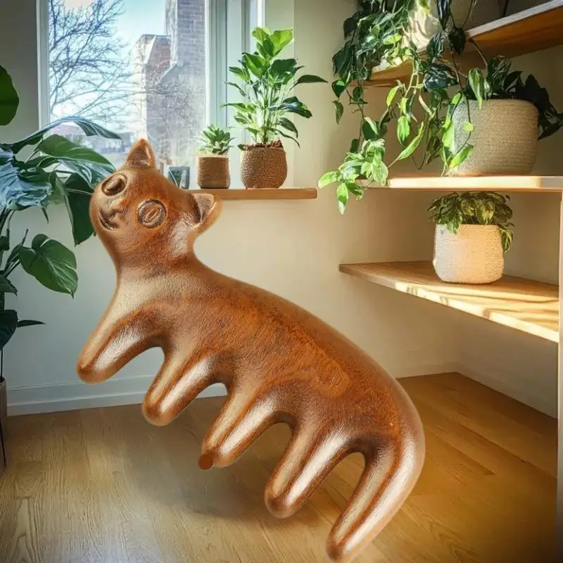 

Cat Shape Sandalwood Hair Comb Scalp Relax Acupoint Massager Portable Wooden Handle Five Teeth Comb Anti-Static Styling Tool