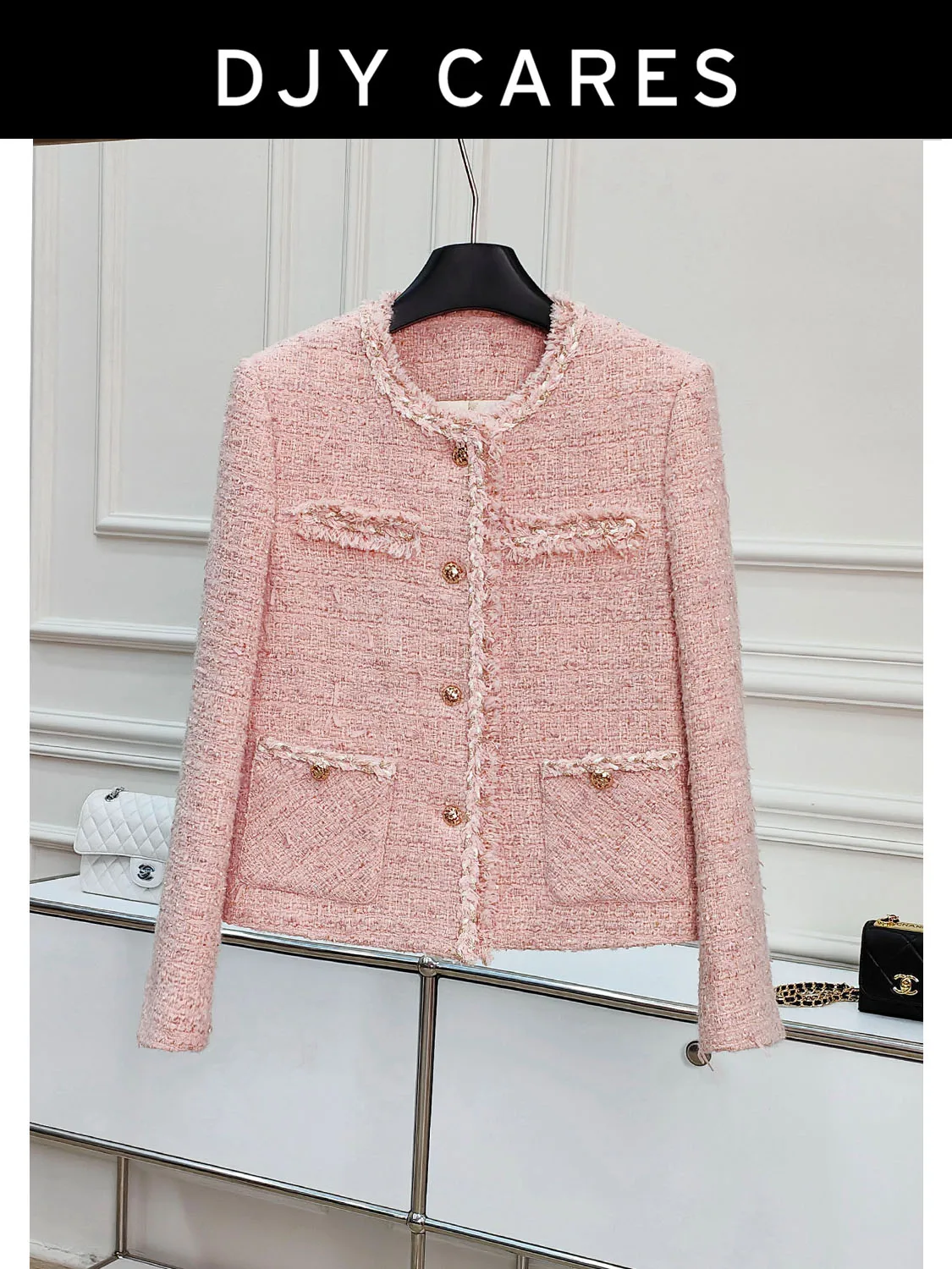 

New Coarse tweed and cotton soft light pink jacket top big size
