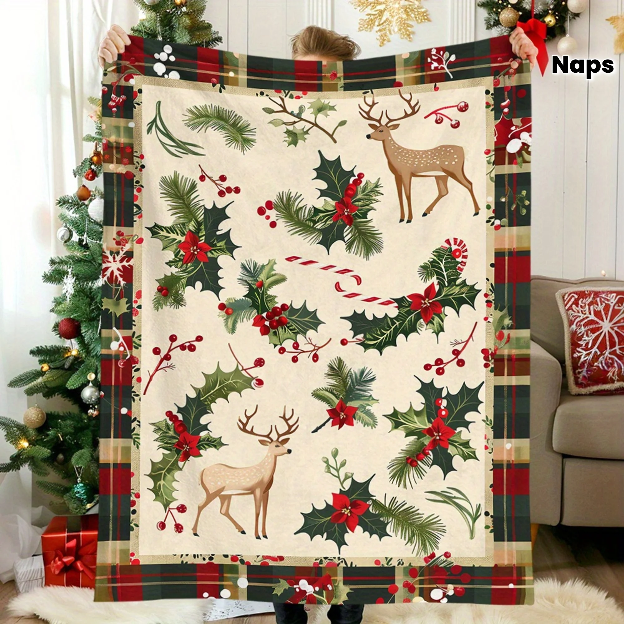 Festive Red Christmas Nutcracker Throw Blanket Gingerbread Man Santa Hat Candy Cane Print Winter Holiday Decorative Blanket