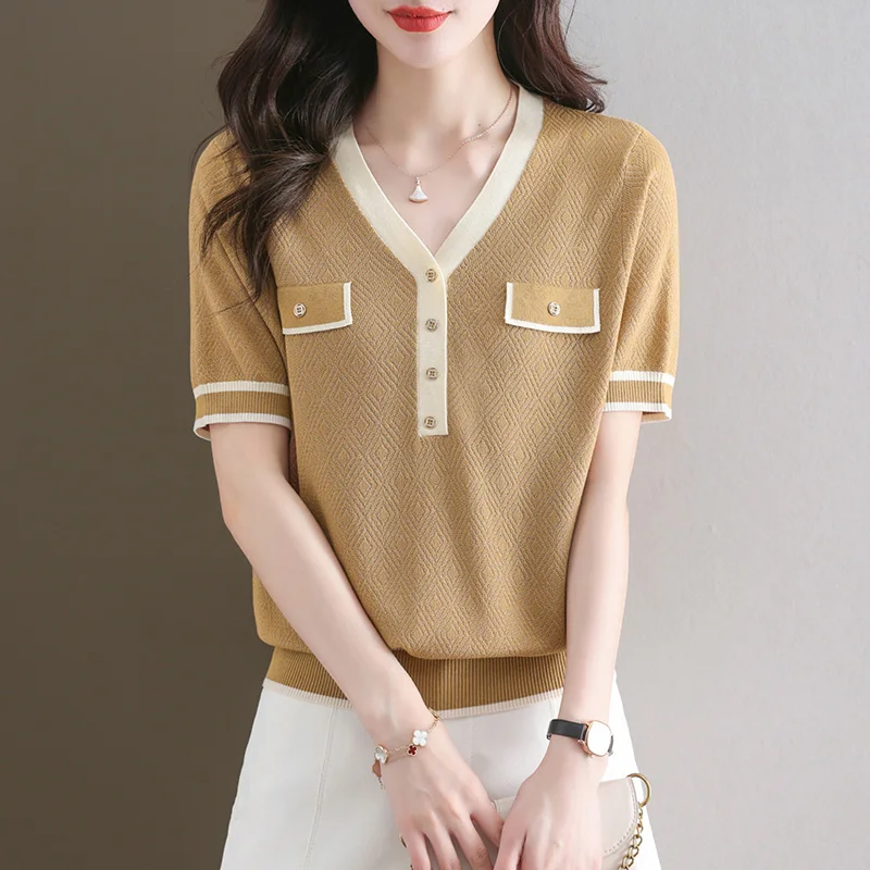 TuangBiang Female Summer V-Neck Tencel Pullovers Button 2023 Mock Pocket Knitted Short Sleeves Diamond T-Shirts Women Loose Tops