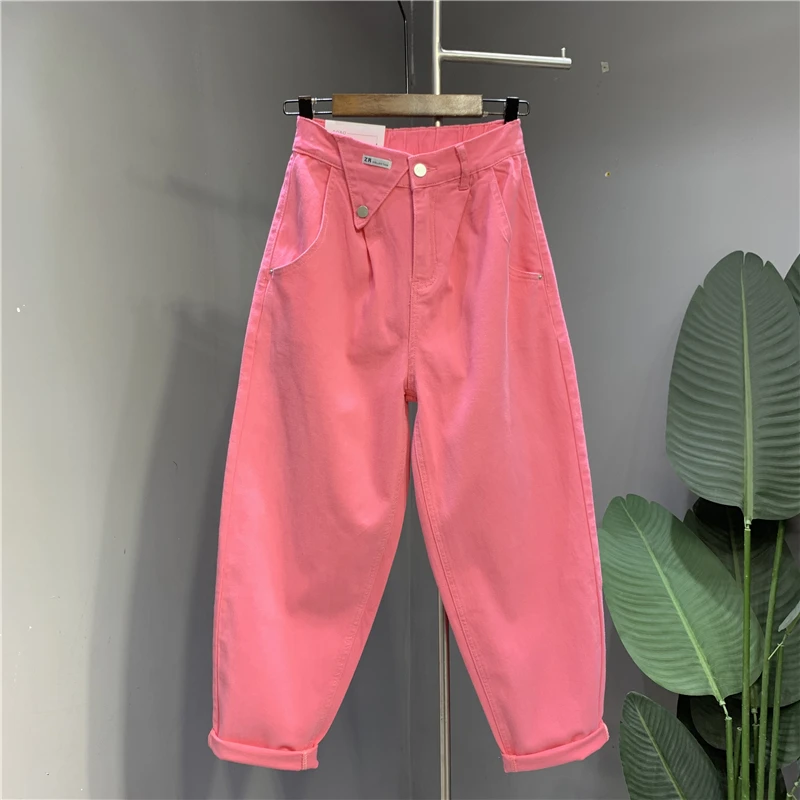 

Casual Solid Color High Waist Baggy Jeans Women Spring Pocket Loose Ankle-Tied Harem Denim Pants 2024 Korean Hip Hop Streetwear