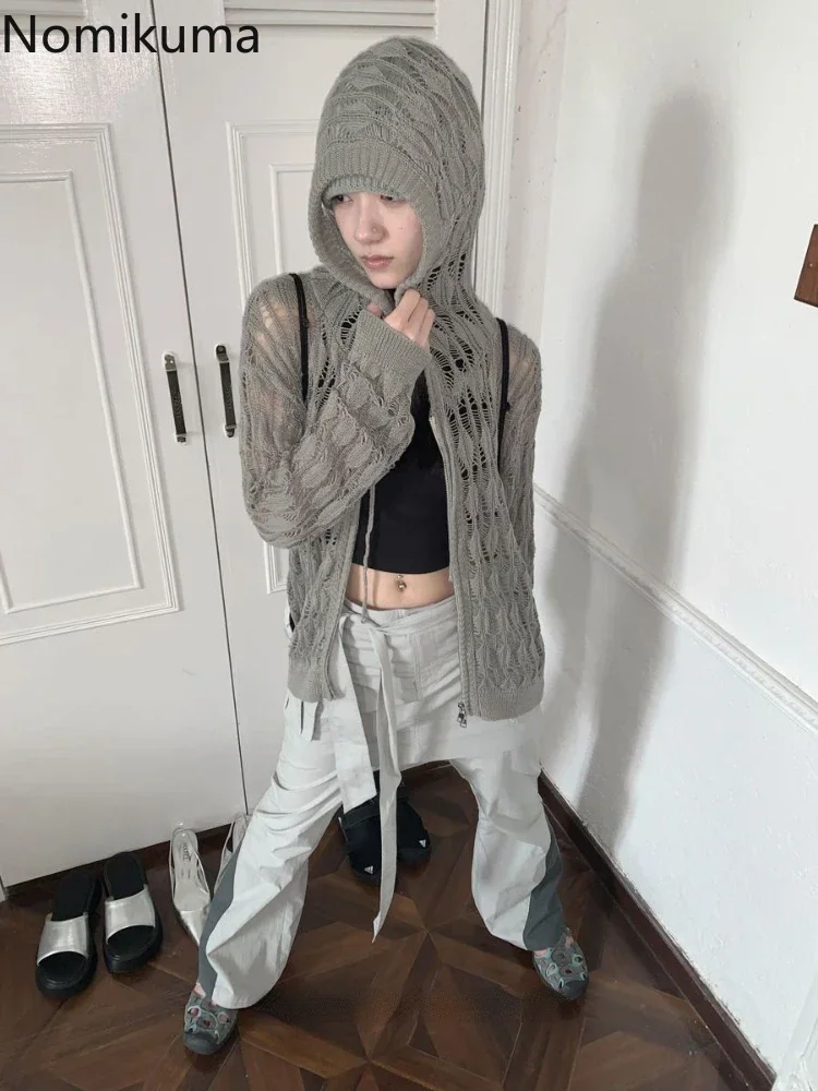 Pull à capuche côtelé Harajuku pour femmes, manteau évidé, veste mince, cardigan Y2K, vêtements à la mode, 2024