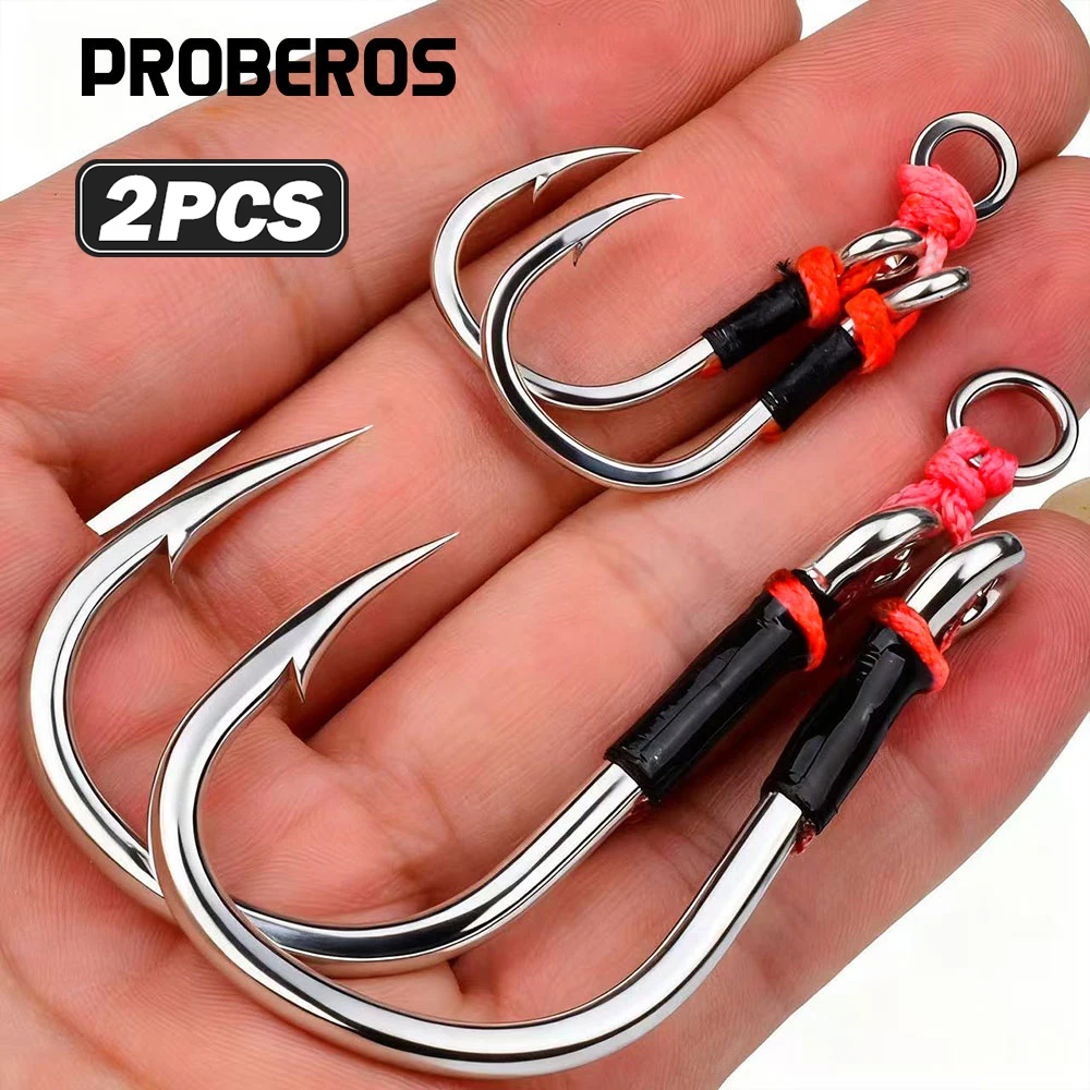 Proberos 2 Stück Angelhilfshaken mit PE-Schnur zum Jiggen, 6X Extra Starke Salzwasser-Jigging-Hilfshaken