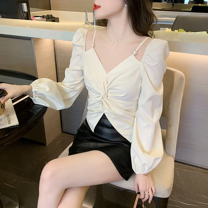 Autumn French Chic High Waist Blouse Woman V Neck Puff Long Sleeve Female Blouses Solid Color Pleated Blusas Top