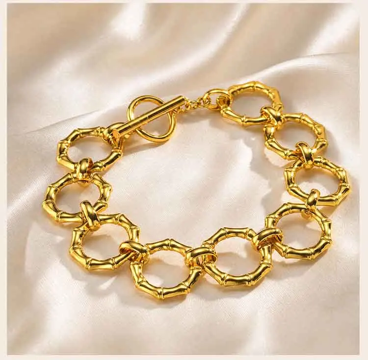 18K Vergoldetes Bambus-Gliederarmband für Damen, Chunky Kreiskettenarmband mit Knebelverschluss, Edelstahl Statement-Schmuck Geschenk – Detail 2