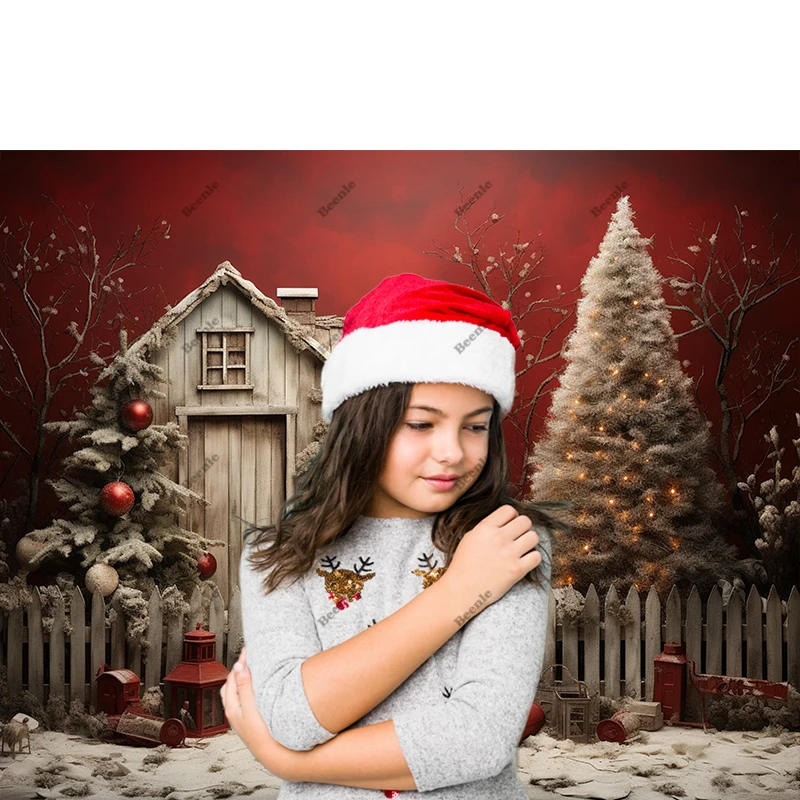 Beenle Christmas Photography Background Winter Red House Xmas Tree Fireplace Gifts Family Portrait Decor Backdrop Photo Studio