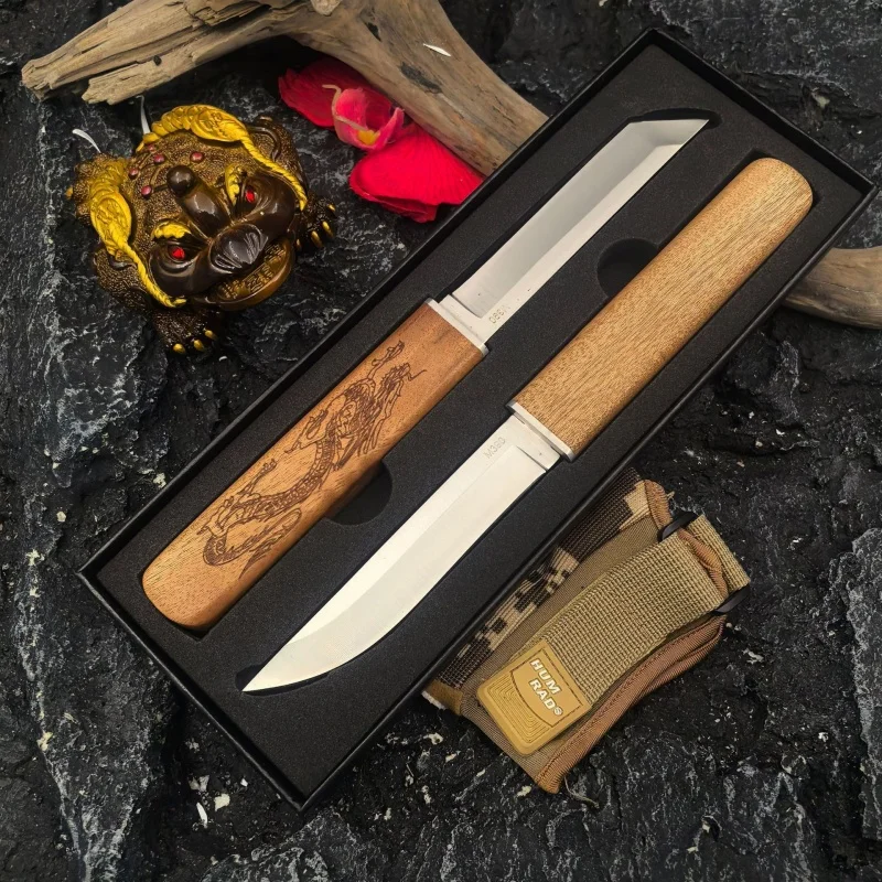 2Pcs Fixed Blade Collectible Display Knife Set, Natural Wood Handle Hand Craft Decor Tool for Collection