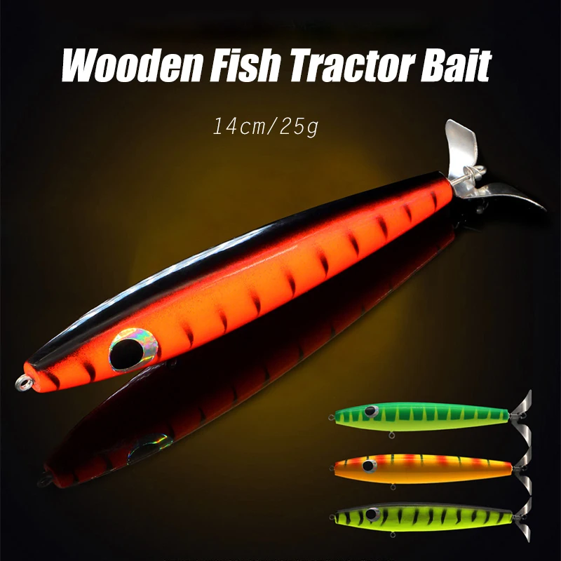 2pcs Fish Tractor Bait Lure 14cm/25g Bigbait Fishing Hard Bait Wood Floating Trolling Swivel Tail Deep-sea Swordfish Tuna Bonito