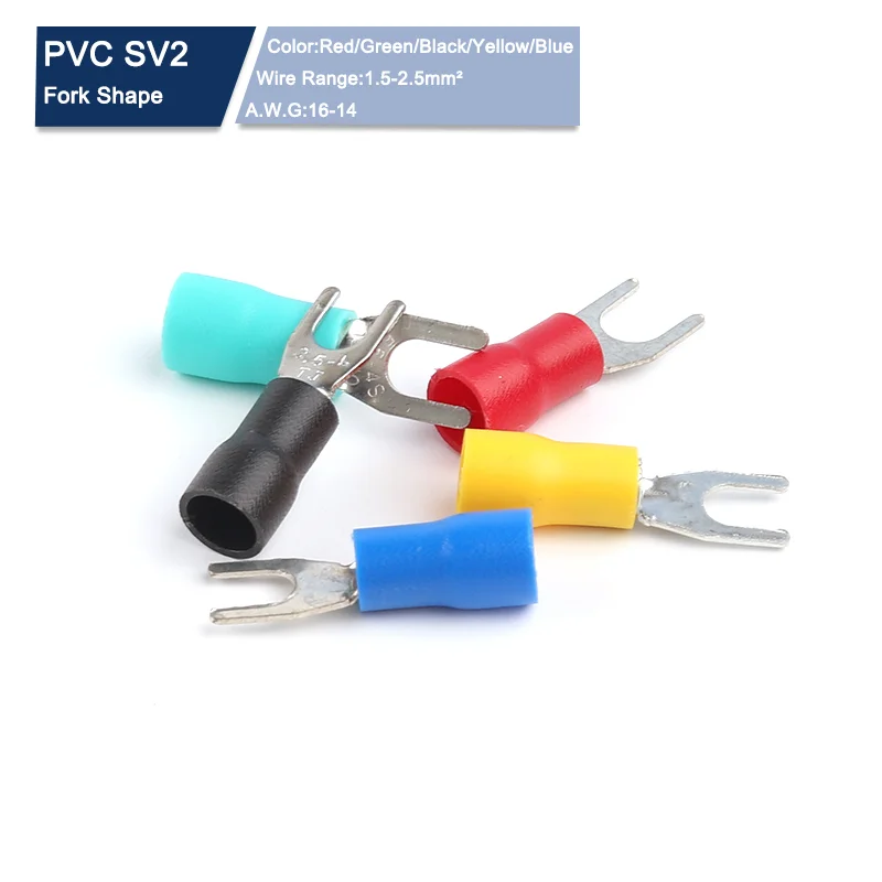 100PCS SV2-3/4/5/6 Furcate Cable Wire Connector Furcate Pre-Insulating Fork Spade 16~14AWG Wire Crimp Terminals