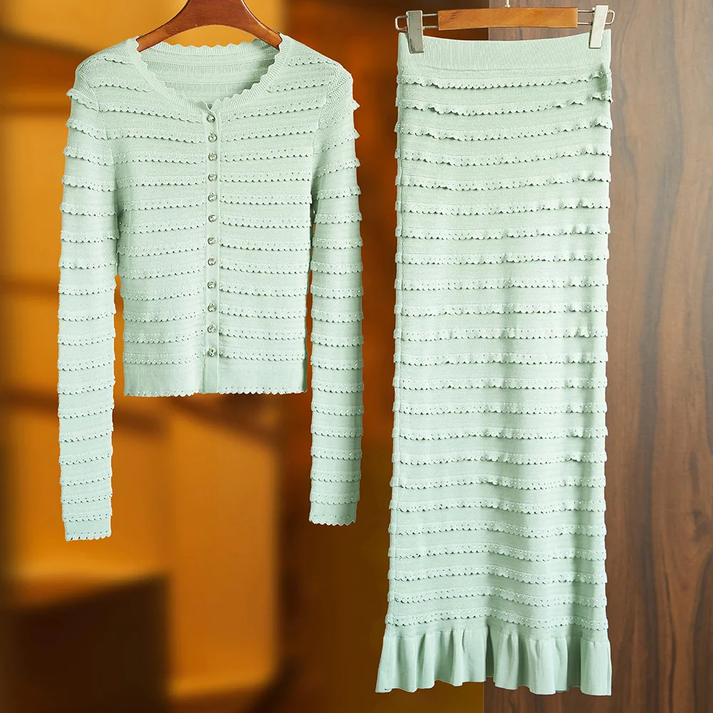 Faionable Knitted Two-Piece Set BLINGBLING Bling Bling Lady's Gown Heavy Embroidery Glittering Long Sve Suit for Women