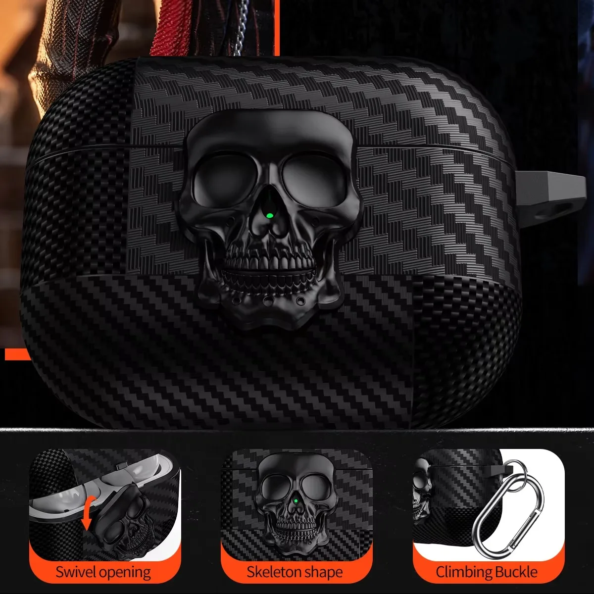 Funda con diseño de calavera personalizado con hebilla giratoria para Apple Airpods 4 AirpodsPro2/3, funda a prueba de golpes con patrón de fibra de carbono con llavero