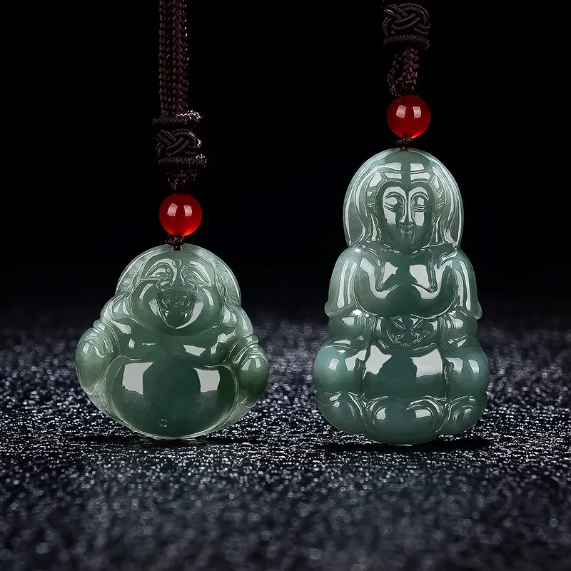 

Natural Myanmar A- Level Avalokitesvara Men's Oil Green Smiling Buddha Female Couple Jade Pendant