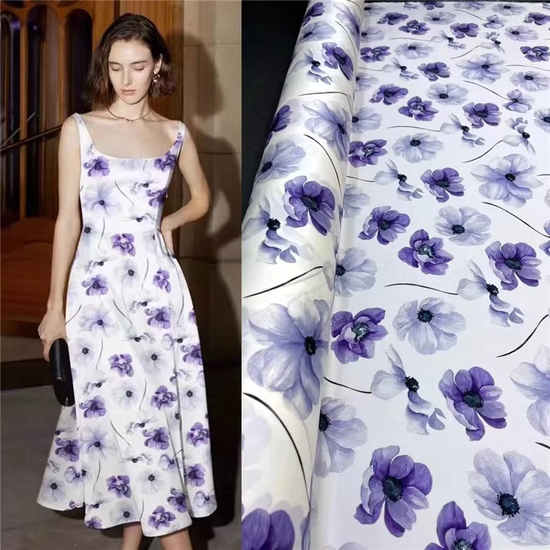 

Fashionable Lucky Purple Printing Elastic Thread Double Qiao Silk Fabric Luxury Dress Fashion Designer Brand Popular Home Fabric