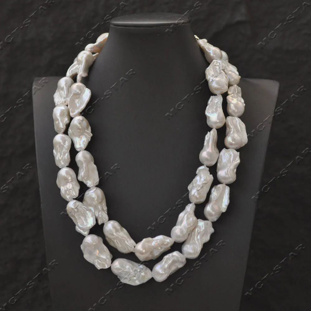 Z14440 2Row 19~21'' 30mm White Baroque Keshi Reborn Pearl Necklace 
