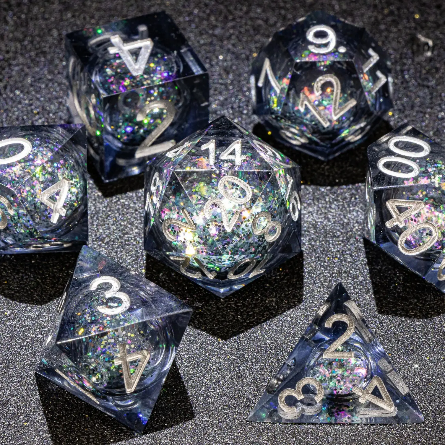 Handmade Sequin Liquid Core DnD Sharp Edge Dice, Polyhedral Dice Set for Dungeons and Dragons, Galaxy RPG Dice Set, d d dice