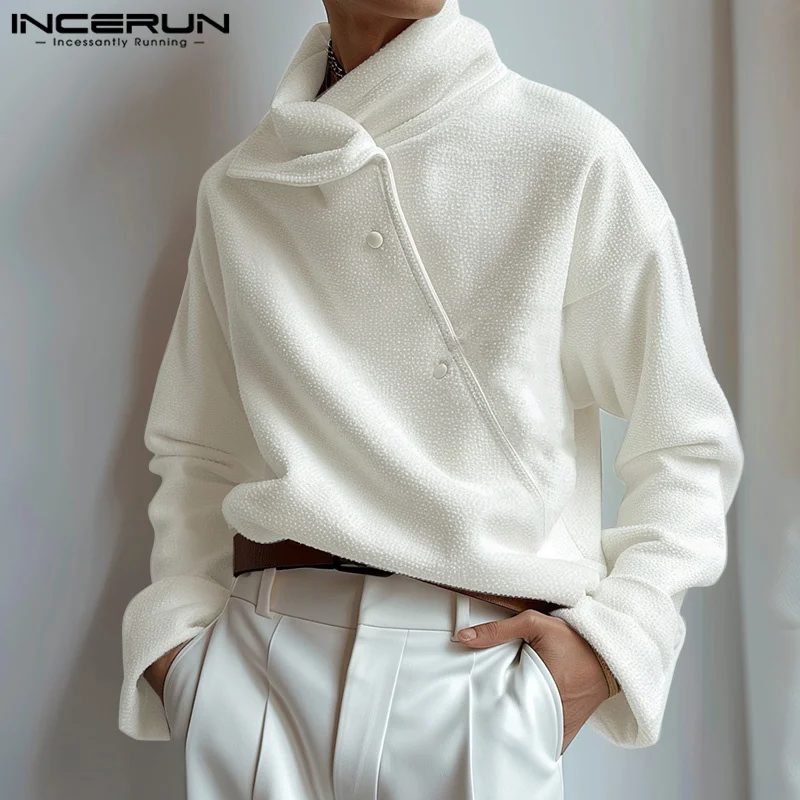 2024 INCERUN Men American Style Deconstruction Hoodies Skew Collar Design Solid Color Sweatshirts Elegant Long Sleeve  Pullovers