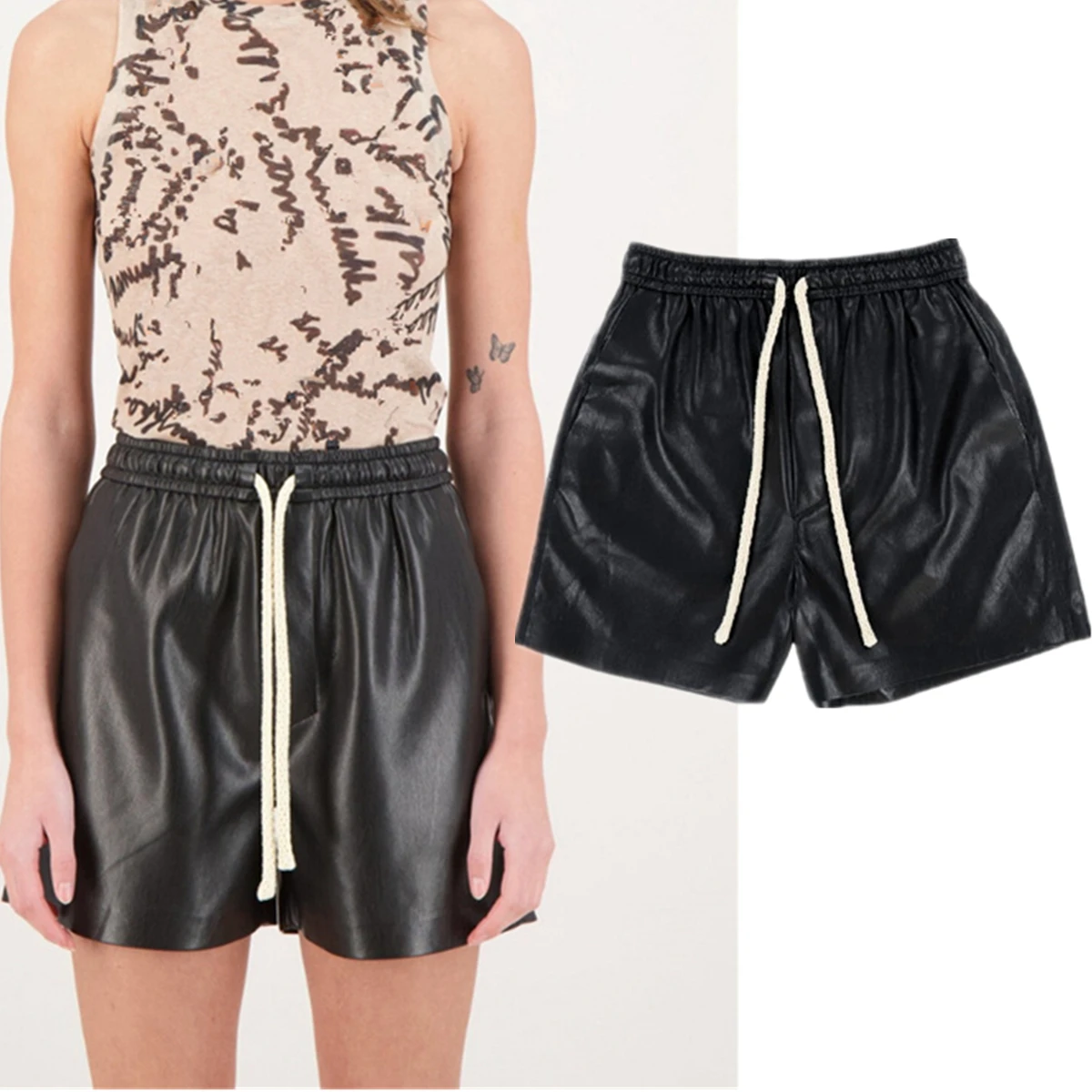 

Maxdutti Protein Leather Bermuda Woman Drawstring Elastic Waist Women's Shorts Straight Women's Pants And Trousers Woman clothes