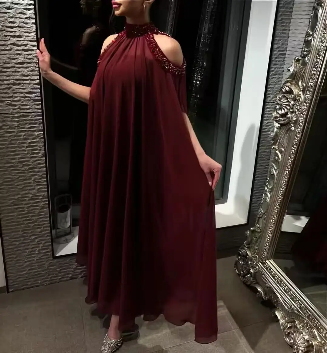 Aangepaste Saudi Bourgondië Prom Dress Halter Formele Avondjurken Feestjurken Vrouwen Dragen Kralen Kristallen