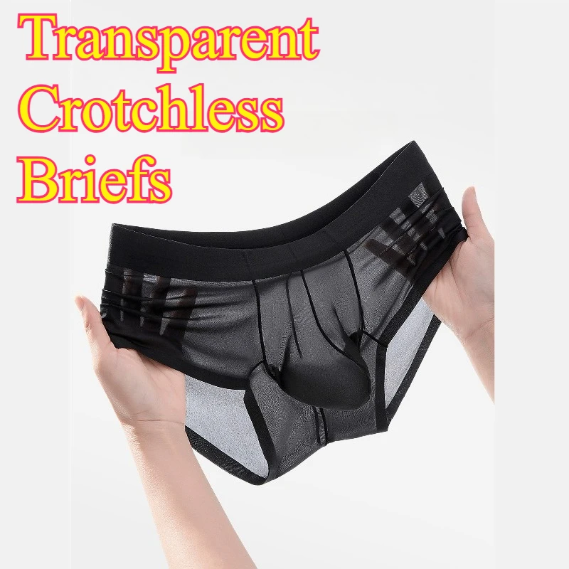 2PCS Men Transparent Mesh Crotchless Briefs 2 Pack Ultra Thin Ice Silk Seamless Quick Dry Naked Feel Sexy Triangle Underwear