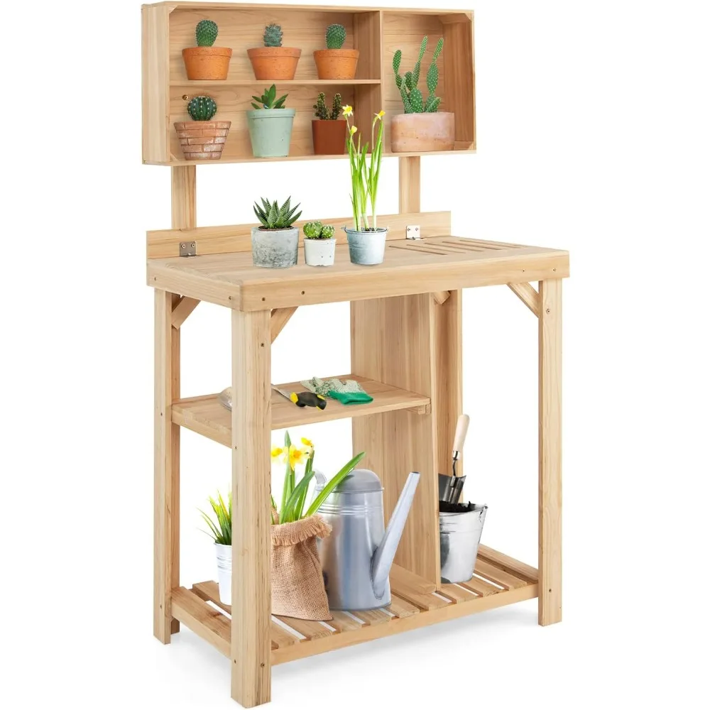 

Garde Garden Potting Bench, Wood Potting Station w/Bottom Shelves & Top Compartments, Garden Workstation for Gardening Tools