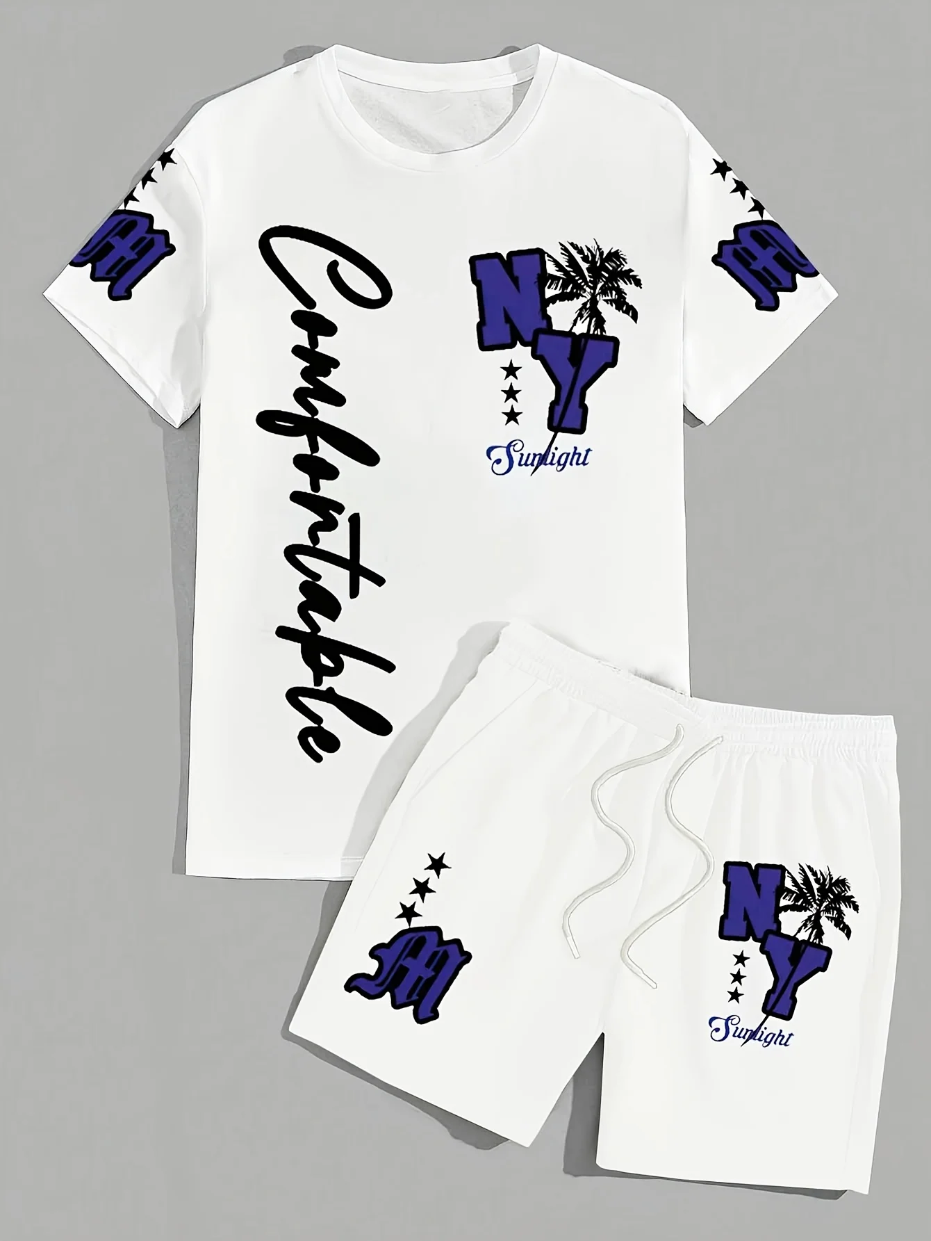 Summer 2025 new men's suit with letter prints, casual and fashionable outdoor, lightweight and breathable polyester men's wear