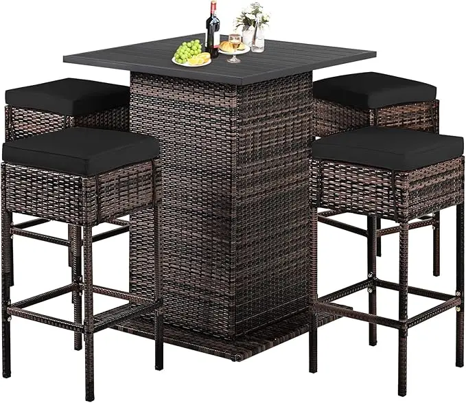 

5 Pieces Rattan Bar Set, Outdoor Wicker Bar Table and 4 Bar Stools, Heavy-Duty Steel Frame,