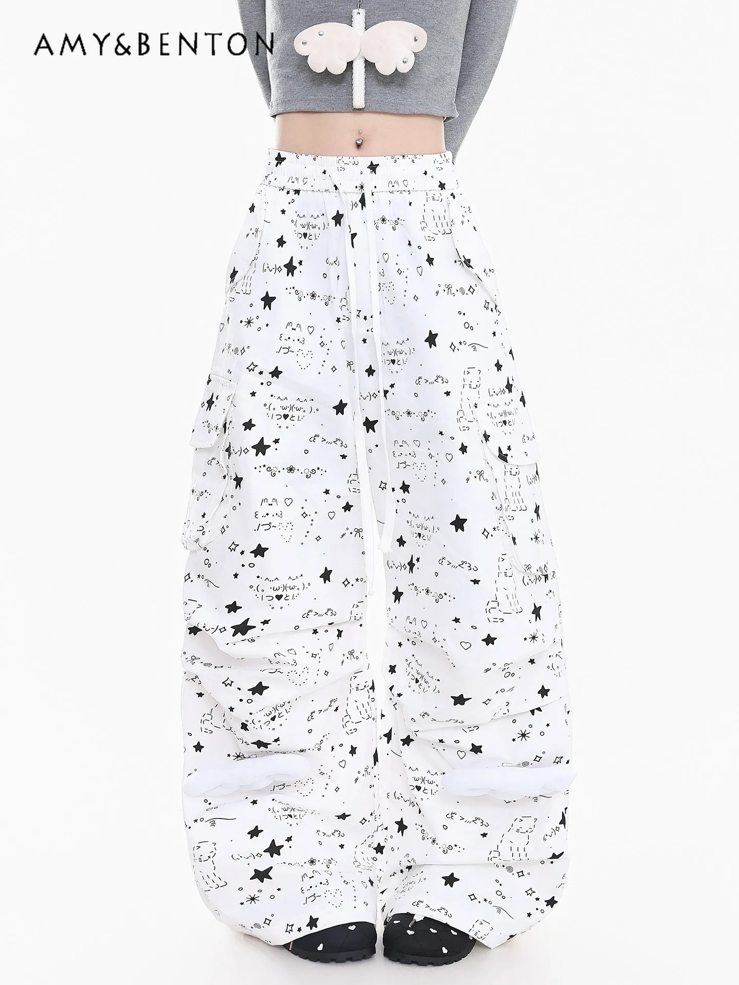 

Весенне-осенние женские брюки карго в стиле Y2K с милым мультяшным принтом и декором в виде крыльев, свободные, стройнящие, повседневные, синие, желтые